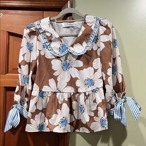 Brown Floral Blouse with Blue Accents